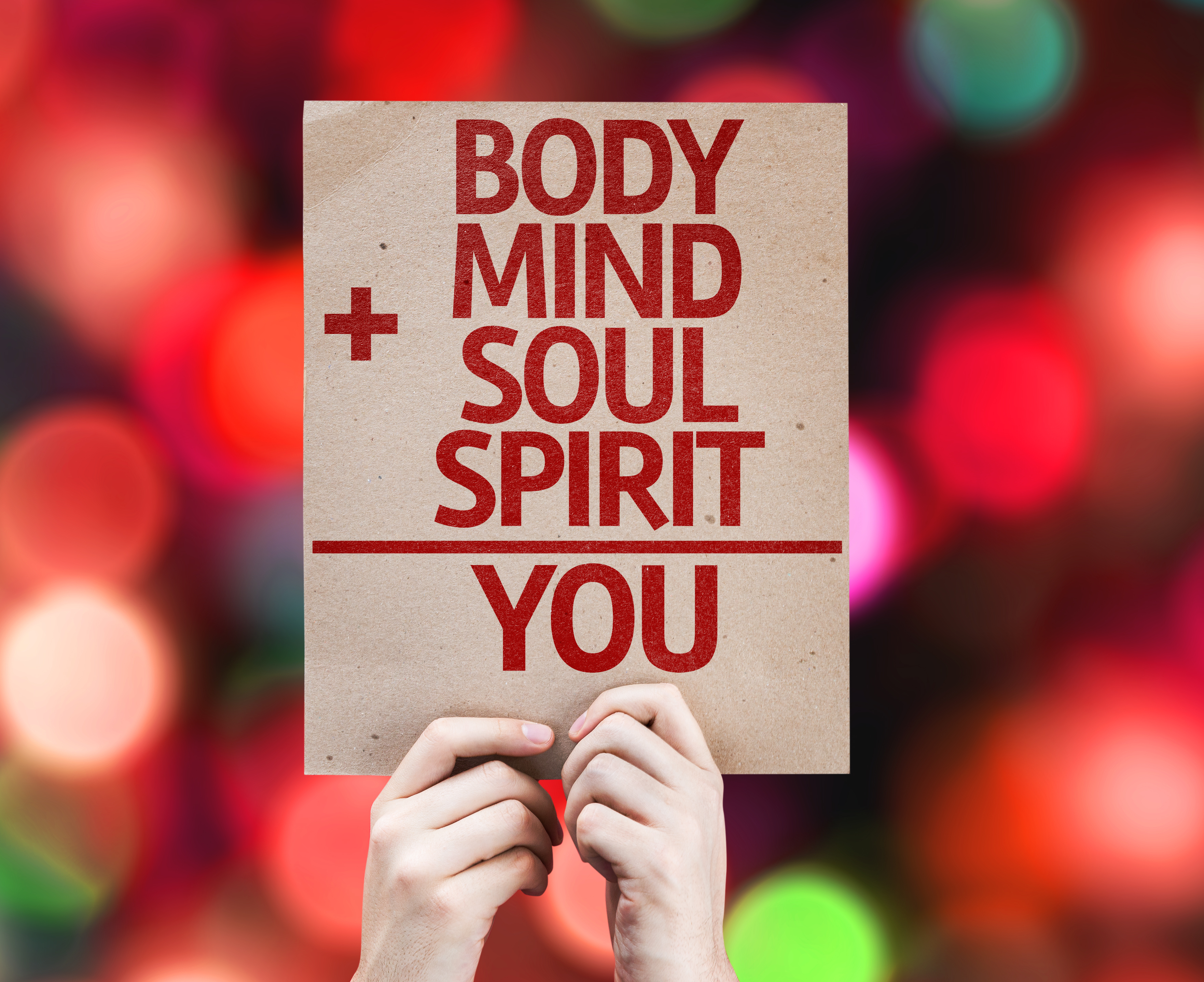 Body + Mind + Soul + Spirit = You card with colorful background with d